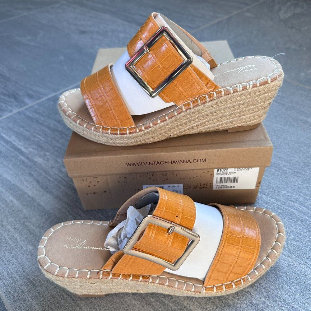 NWB Vintage Havana Espadrille Platform Wedge Mustard Cognac Summer Sandals 8.5